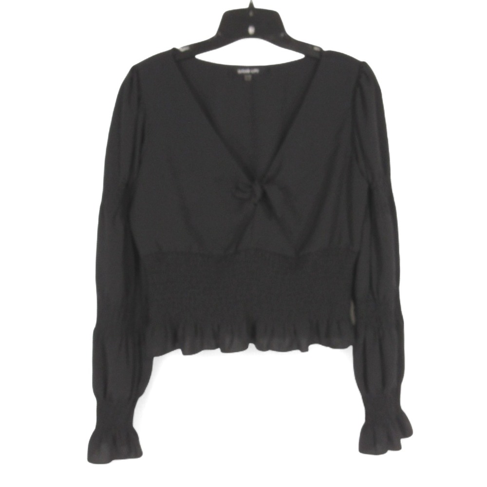 SUGARLIPS Black SATIN Tie Bust SMOCKED WAIST & SLEEVES Ruffle Trim BLOUSE/TOP M